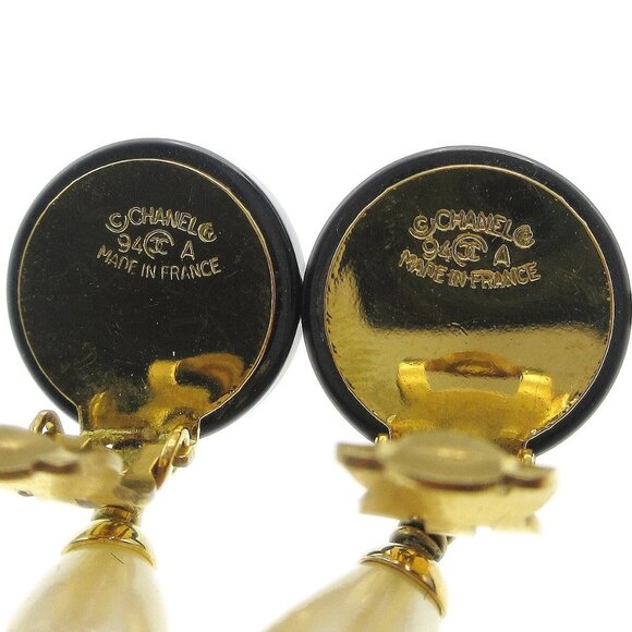 Chanel Artificial Pearl Dangle Earrings Clip-On Black 94A 28766 - Picture 4 of 4